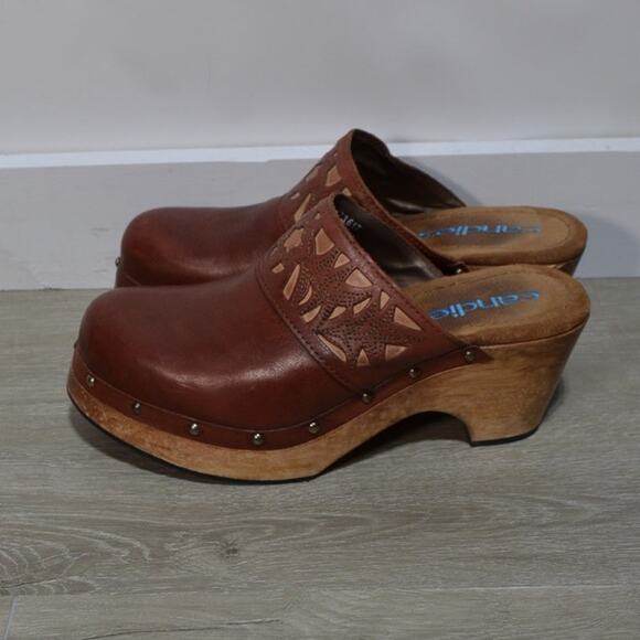 Candies Vintage Brown Leather Platform Wooden Clogs Size 10 - Picture 1 of 9